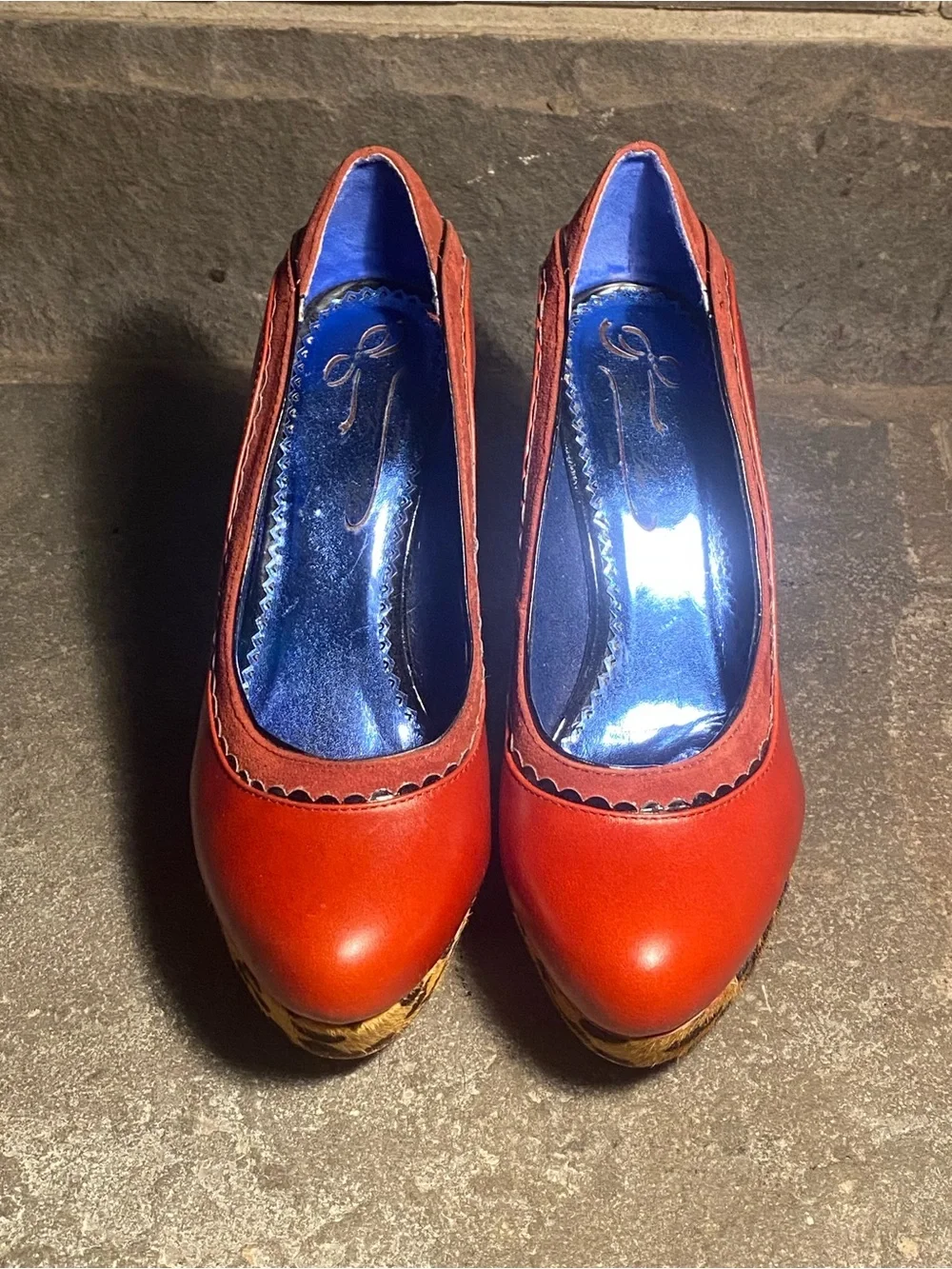 Irregular Choice Body Love platform wedges,red leather,leopard faux fur,in box,7